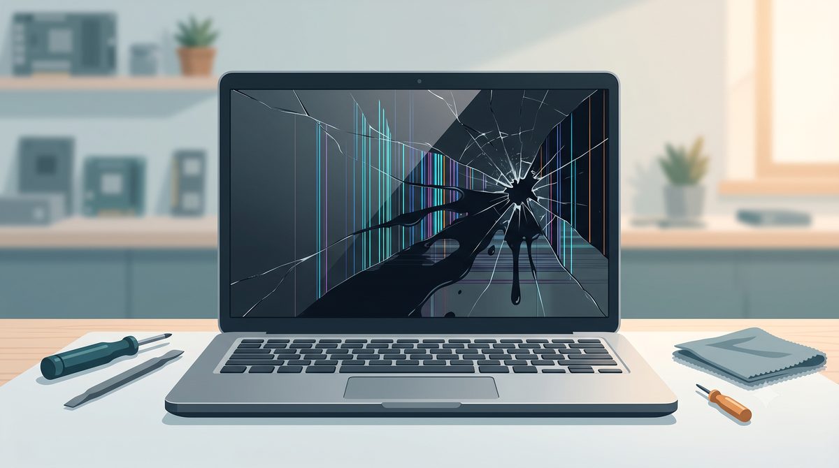 Illustration of a laptop with a cracked LCD and spreading display damage