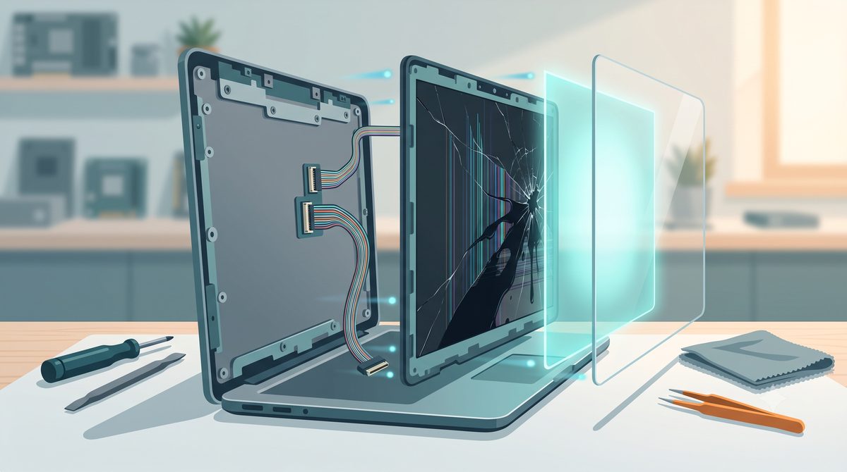 Exploded illustration of a laptop's LCD panel, backlight and display cable