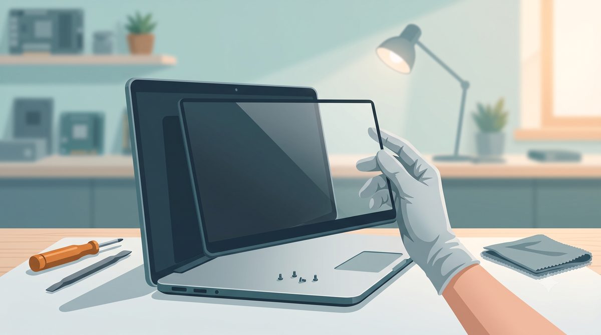 Illustration of a replacement screen being fitted to a laptop lid on a bench