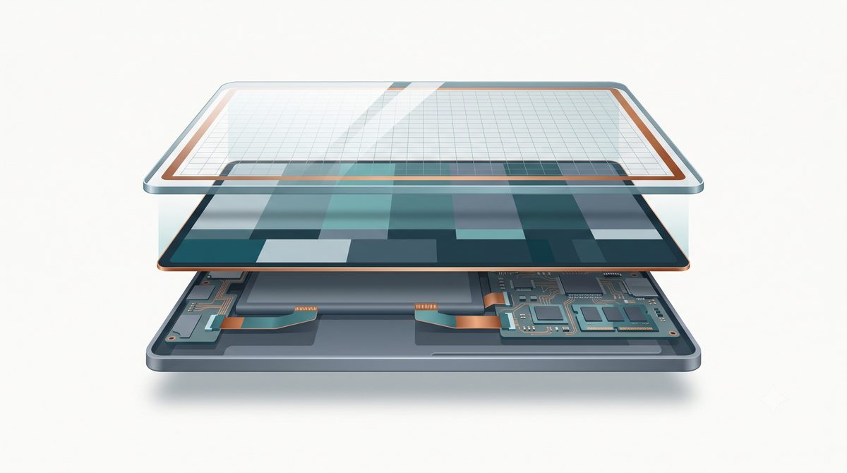 Exploded illustration of a tablet's bonded glass and digitiser assembly