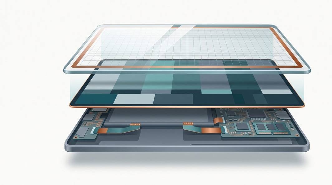 Exploded illustration of a tablet's bonded glass and digitiser assembly