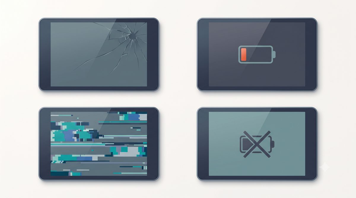 Illustration grid of common tablet faults: cracked glass, low battery, frozen screen and charging