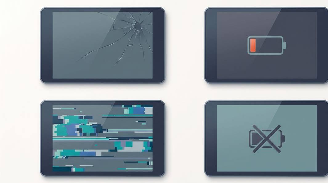 Illustration grid of common tablet faults: cracked glass, low battery, frozen screen and charging