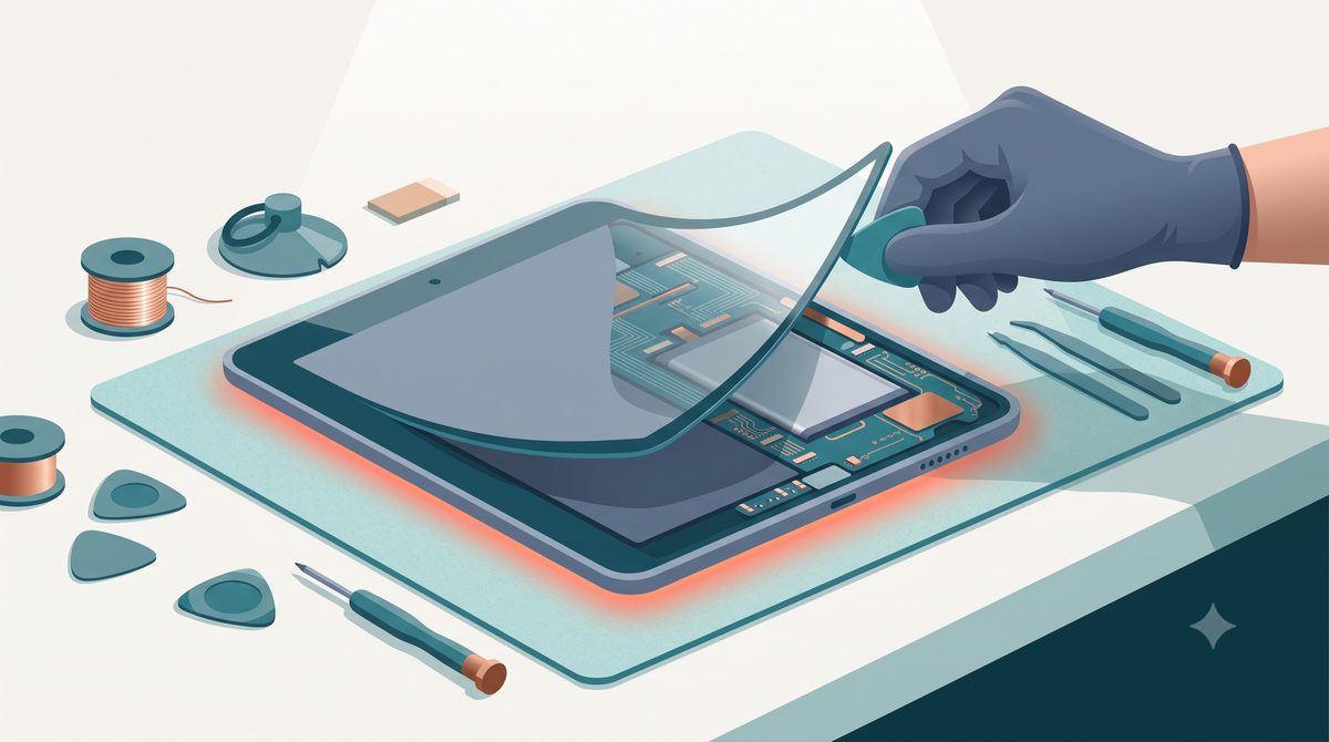 Illustration of a tablet being repaired on a workbench with a heat mat and picks