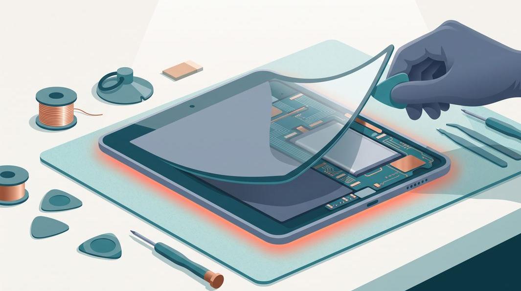 Illustration of a tablet being repaired on a workbench with a heat mat and picks