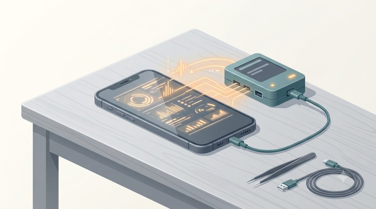 Illustration of a smartphone undergoing diagnostic testing on a repair bench