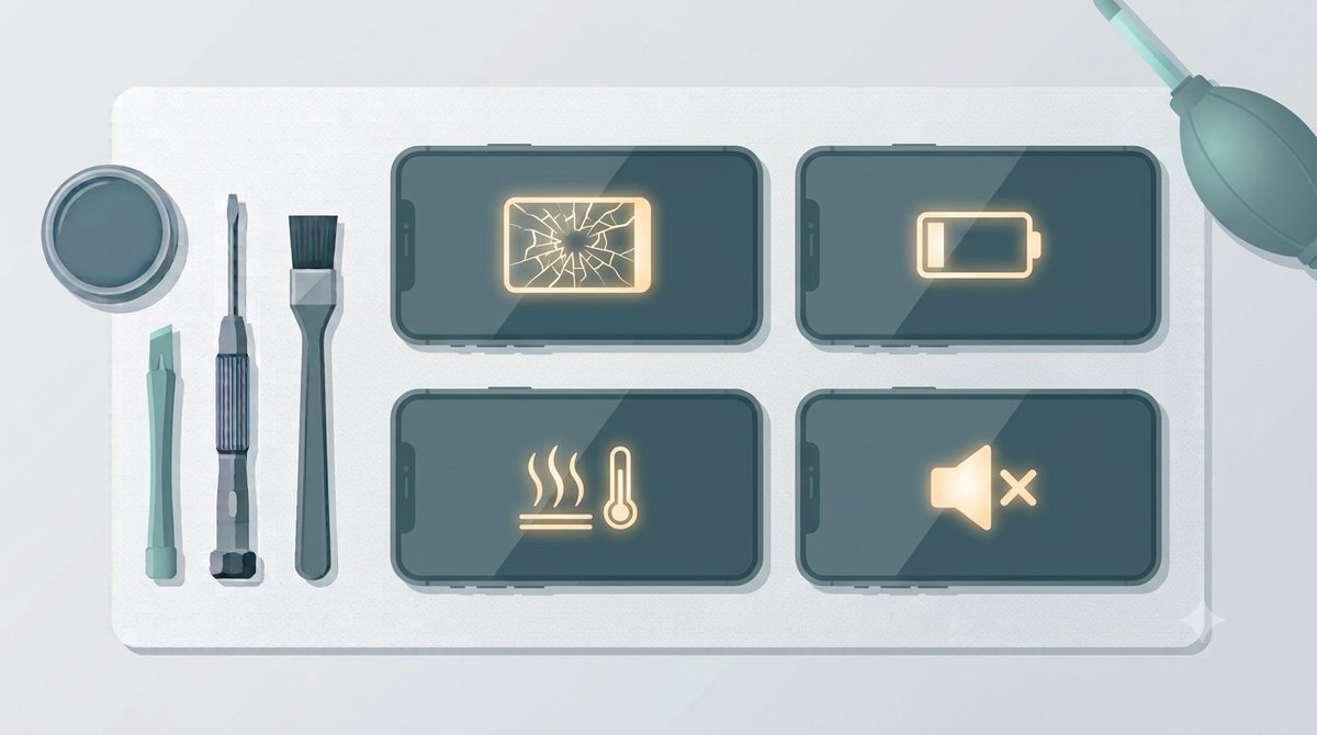 Illustration grid of common smartphone faults: cracked screen, low battery, overheating and no sound