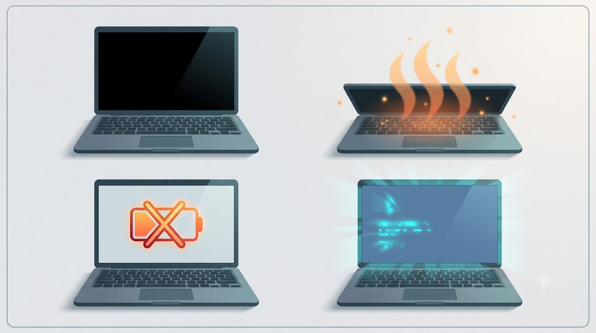 Illustration of a laptop being diagnosed with a multimeter on a workbench
