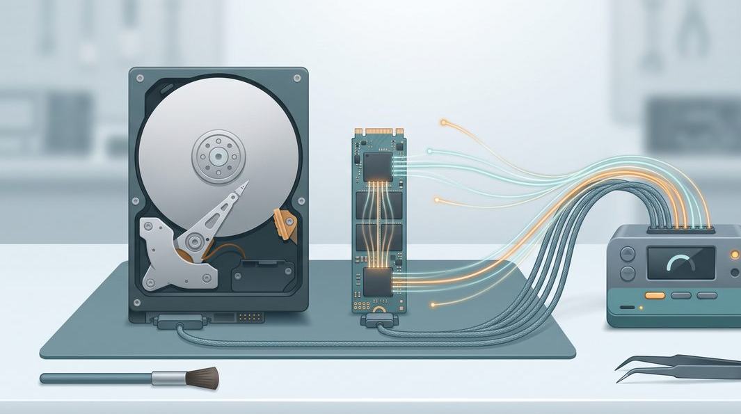 Illustration grid of common laptop faults: no display, overheating, battery and blue-screen errors