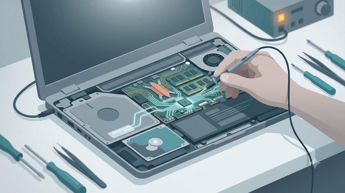 Illustration of a repaired, working laptop with a check mark