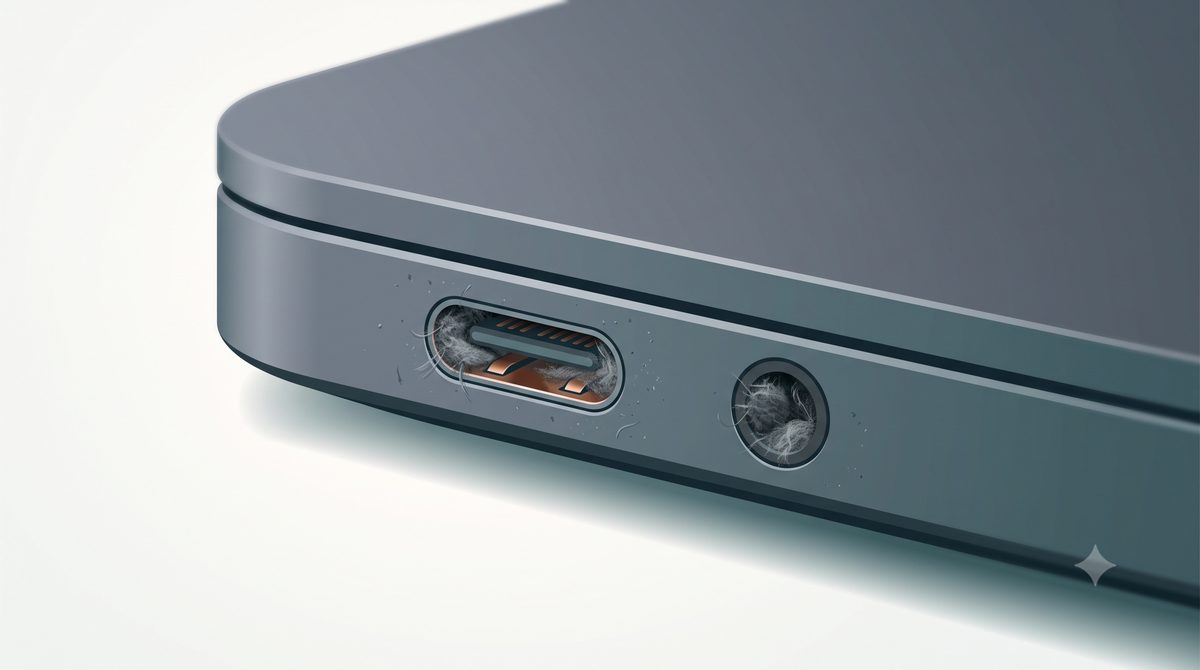 Illustration of safe tools for cleaning laptop ports: toothpick, brush and compressed air