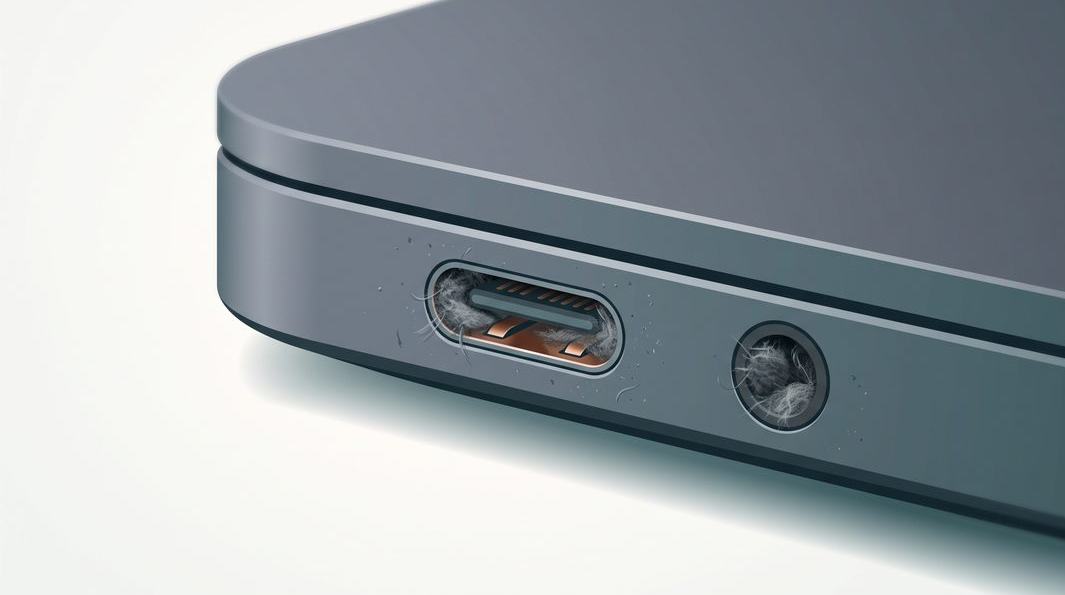 Illustration of safe tools for cleaning laptop ports: toothpick, brush and compressed air