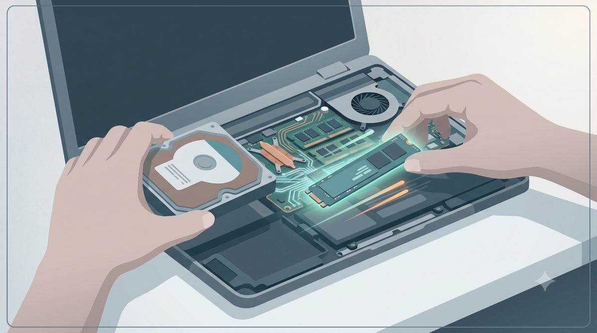 Illustration of a laptop charging port clogged with lint and dust