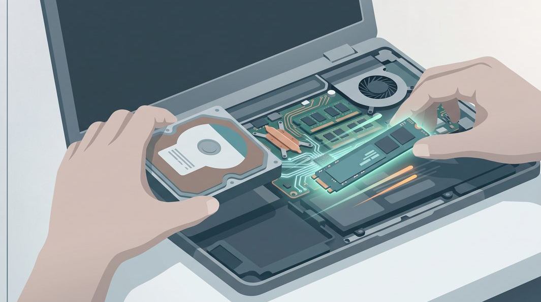 Illustration of a laptop charging port clogged with lint and dust