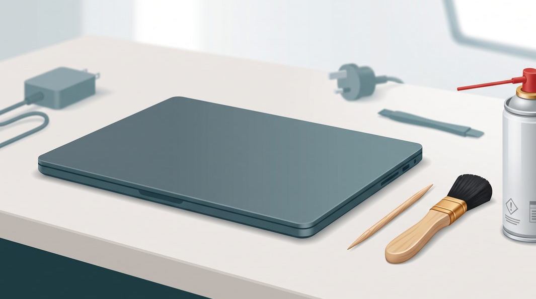 Illustration of a laptop charging port being repaired on the board