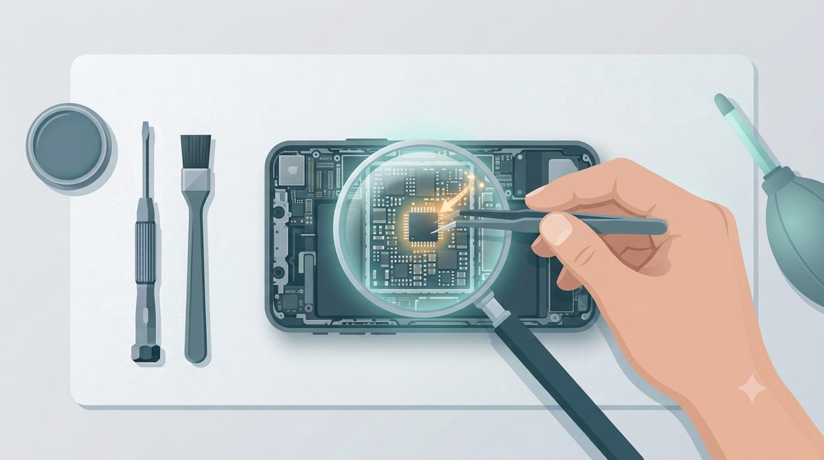Illustration of board-level data recovery from a dead smartphone on a repair bench