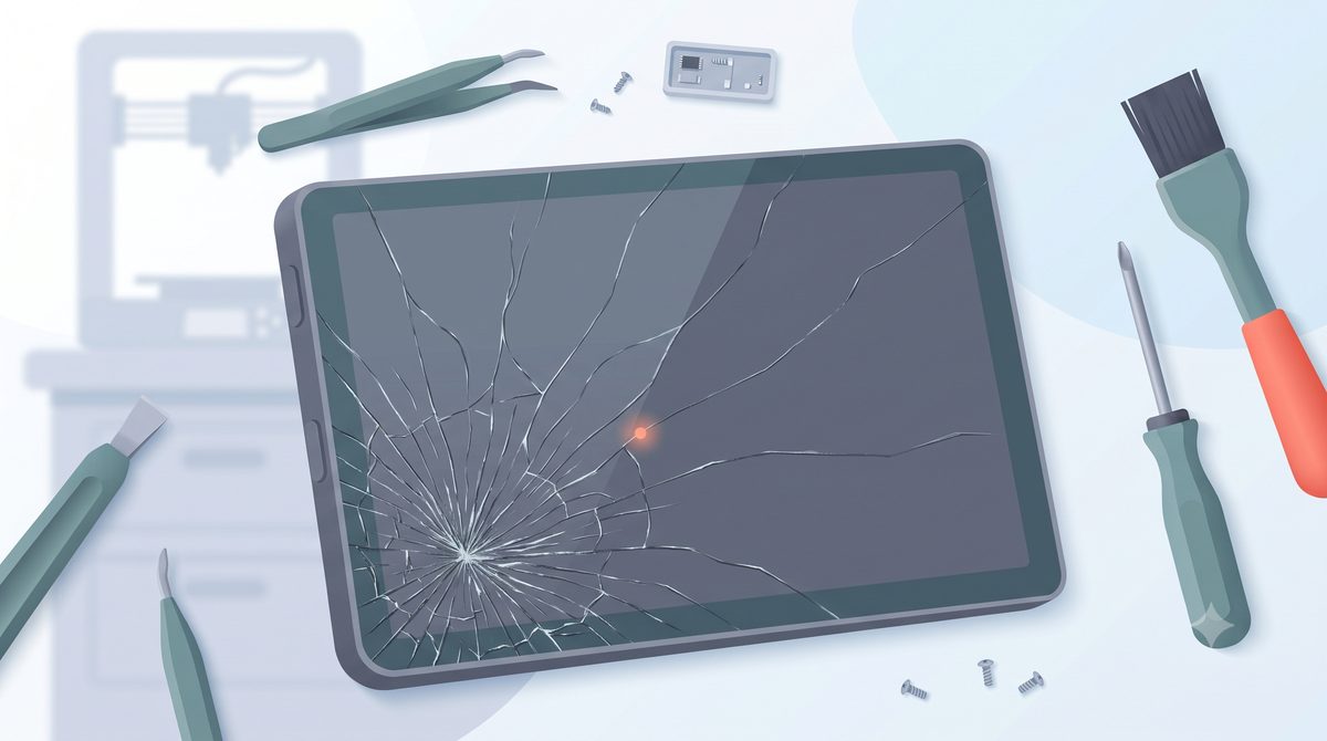 Illustration warning that DIY kits struggle with a tablet's bonded glass