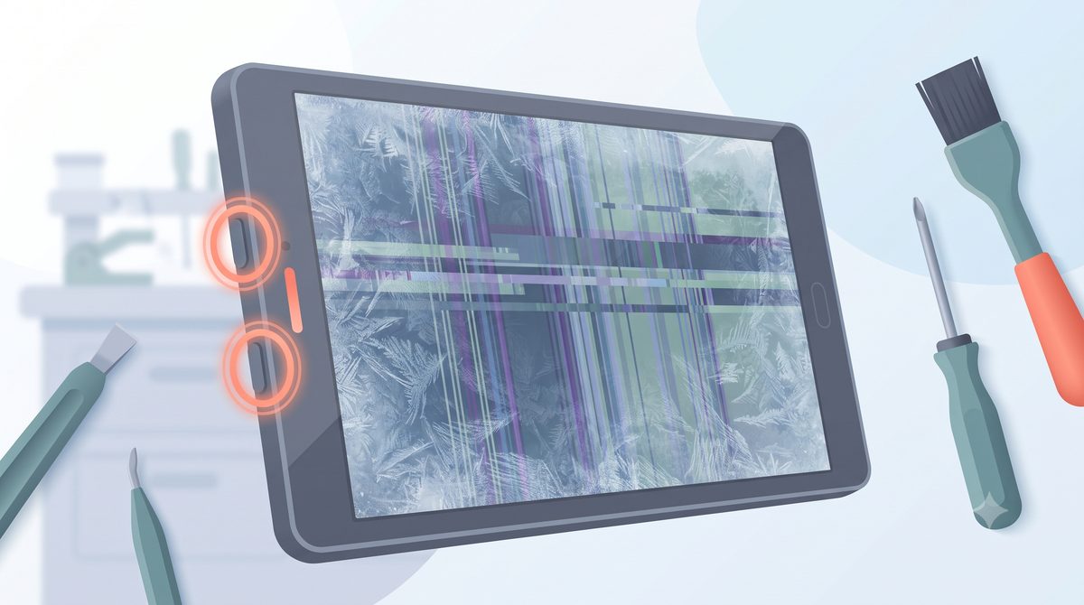 Illustration of the force-restart button sequence on a tablet