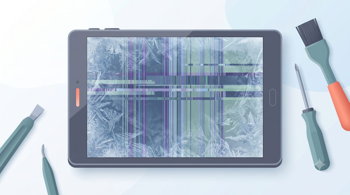Illustration of a tablet with a frozen, unresponsive screen