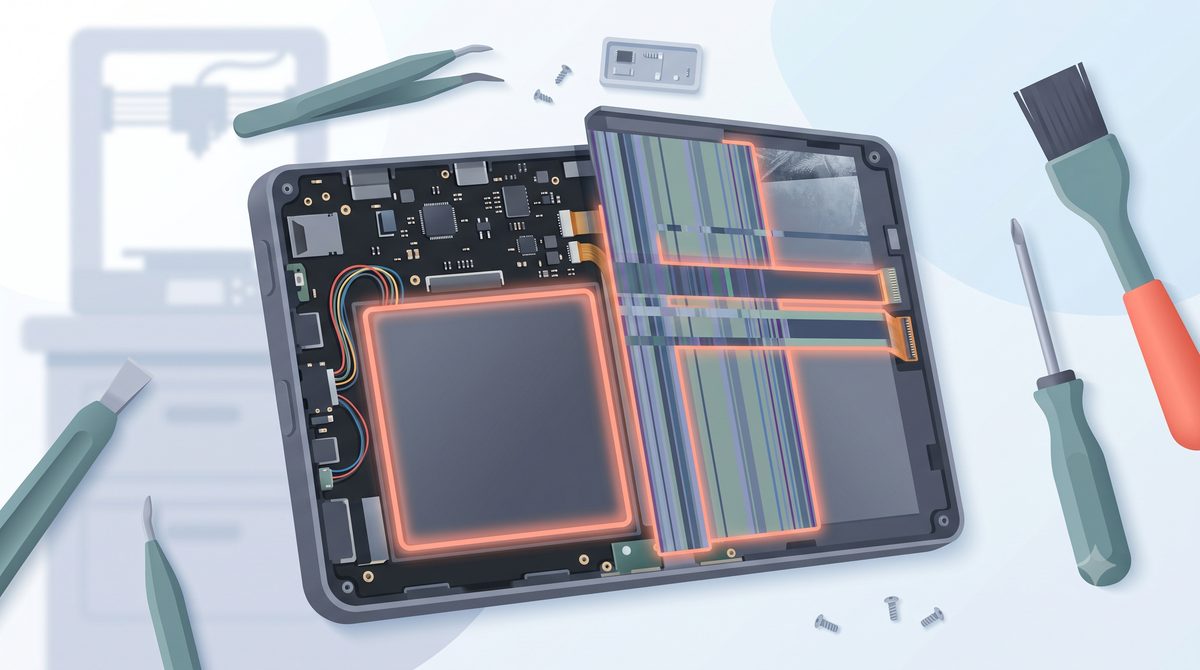 Illustration of a tablet hardware check on a repair bench