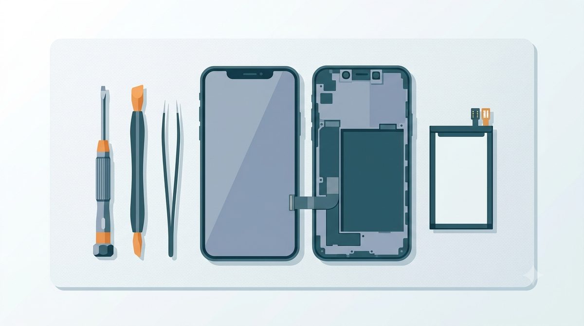 Flat illustration of a phone opened on a tidy repair bench with a replacement battery and precision tools
