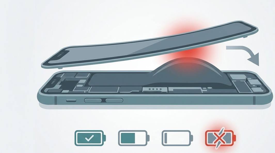 Cross-section illustration of a swollen phone battery bulging and lifting the screen away from the frame as a safety warning
