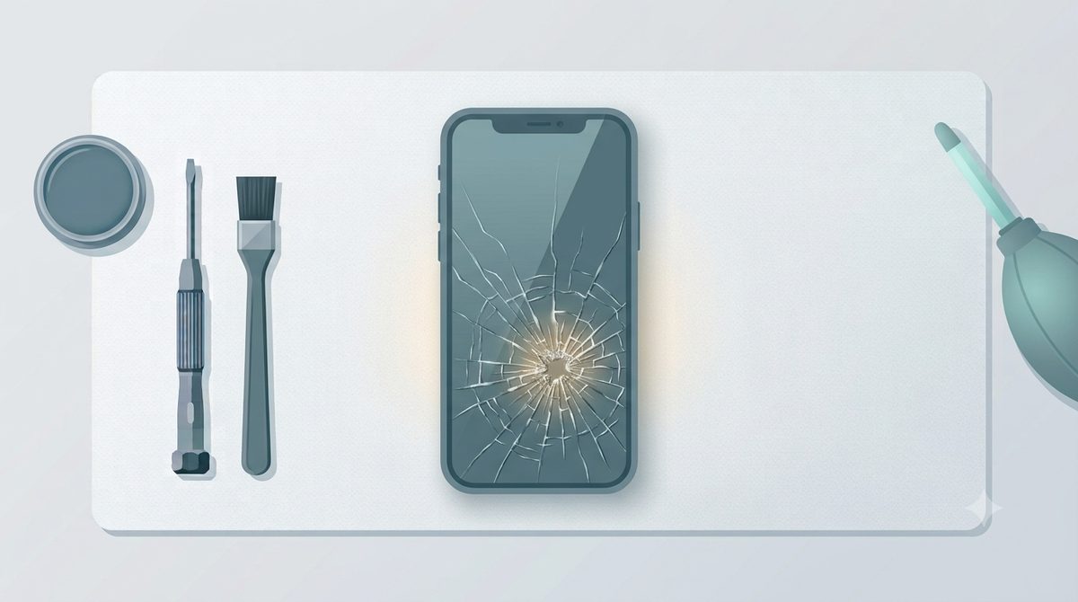 Illustration of a smartphone with a spider-web cracked glass screen