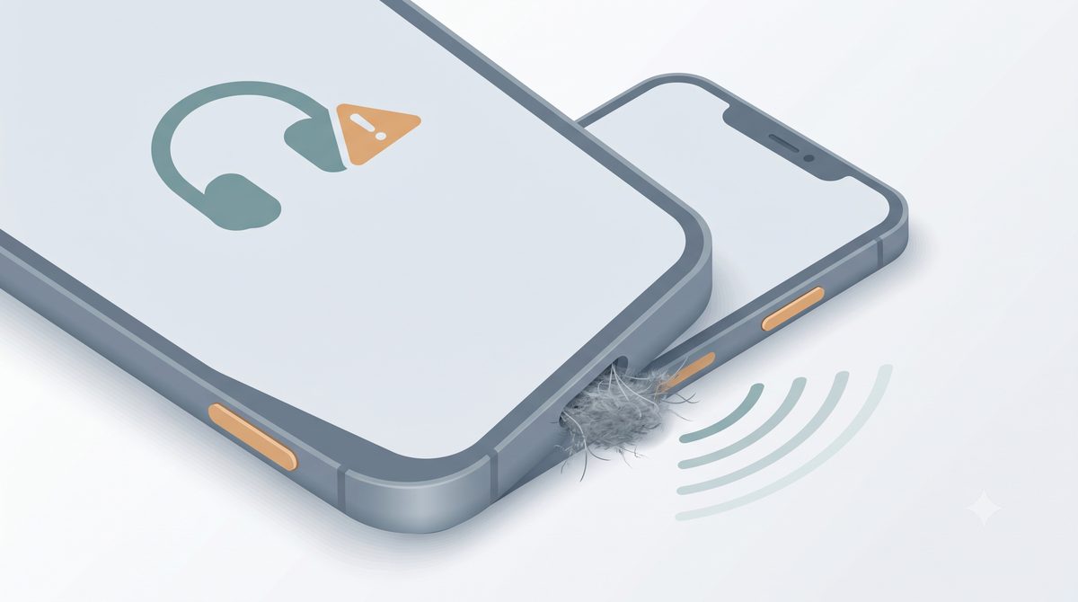 Illustration of a smartphone stuck in headphone mode with a lint-clogged port