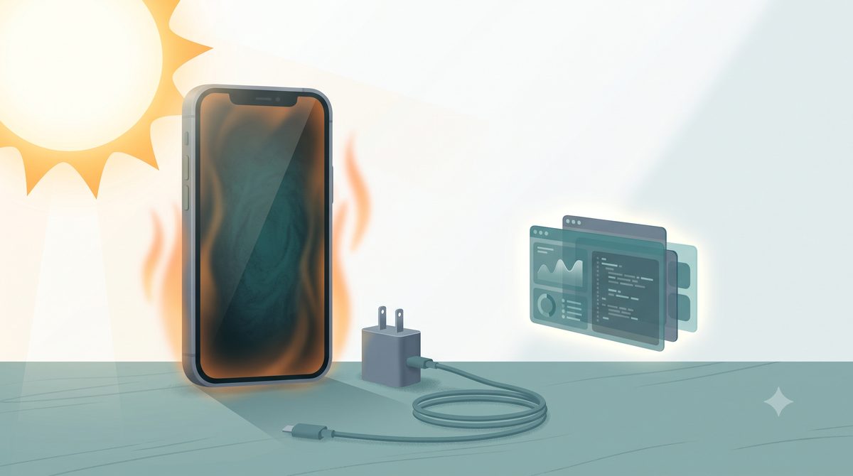 Illustration of common causes of smartphone overheating: sun, fast charging and heavy apps