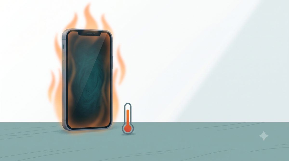 Illustration of an overheating smartphone with rising heat waves