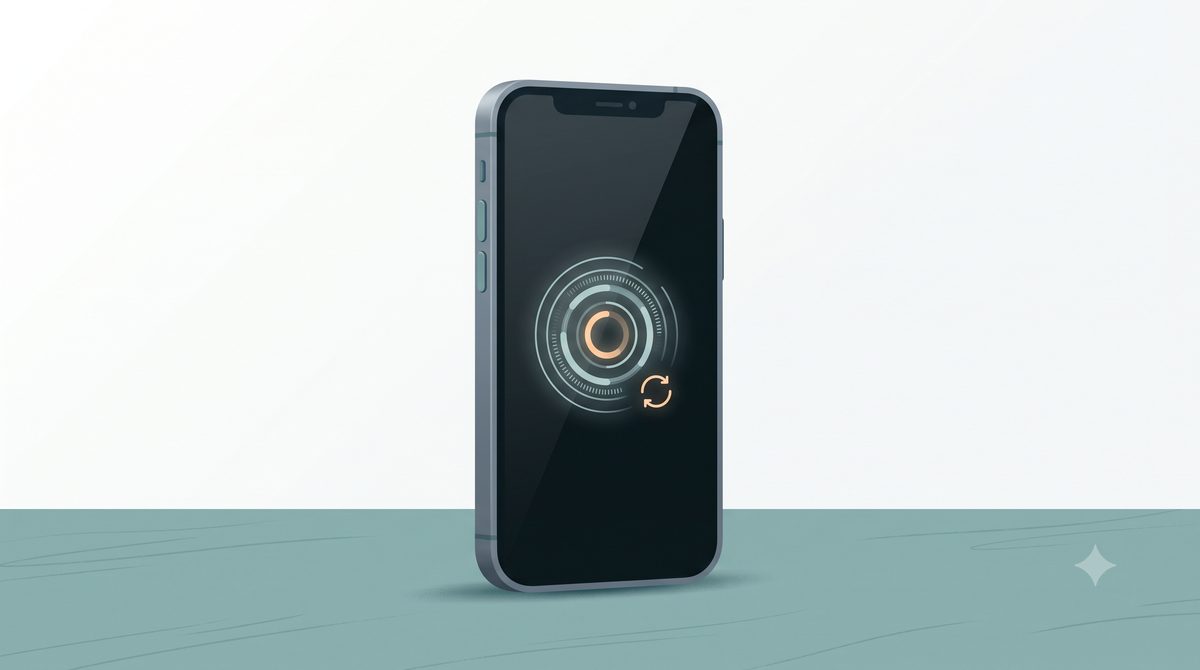 Illustration of a smartphone stuck on a boot-up screen with a looping arrow