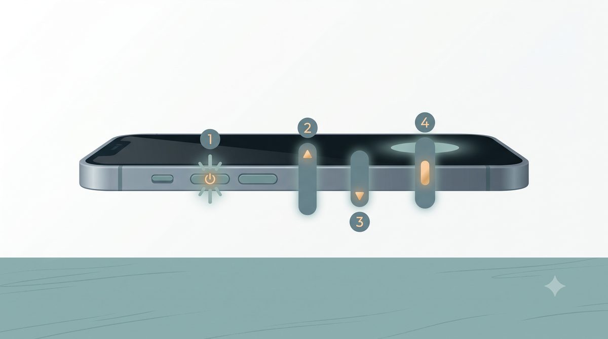 Illustration of the force-restart button sequence on a smartphone