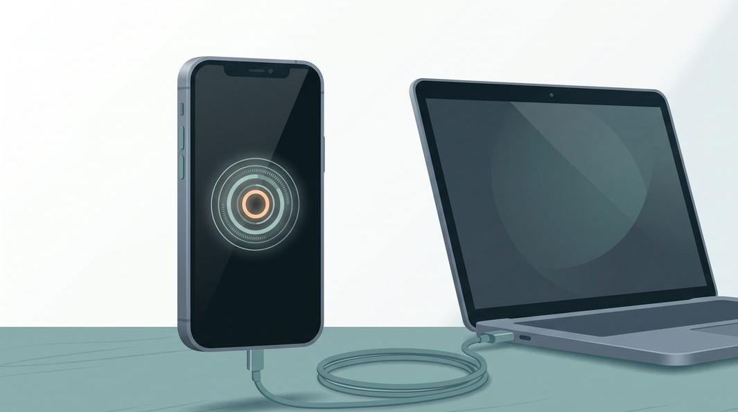 Illustration of a smartphone connected to a computer for a recovery restore