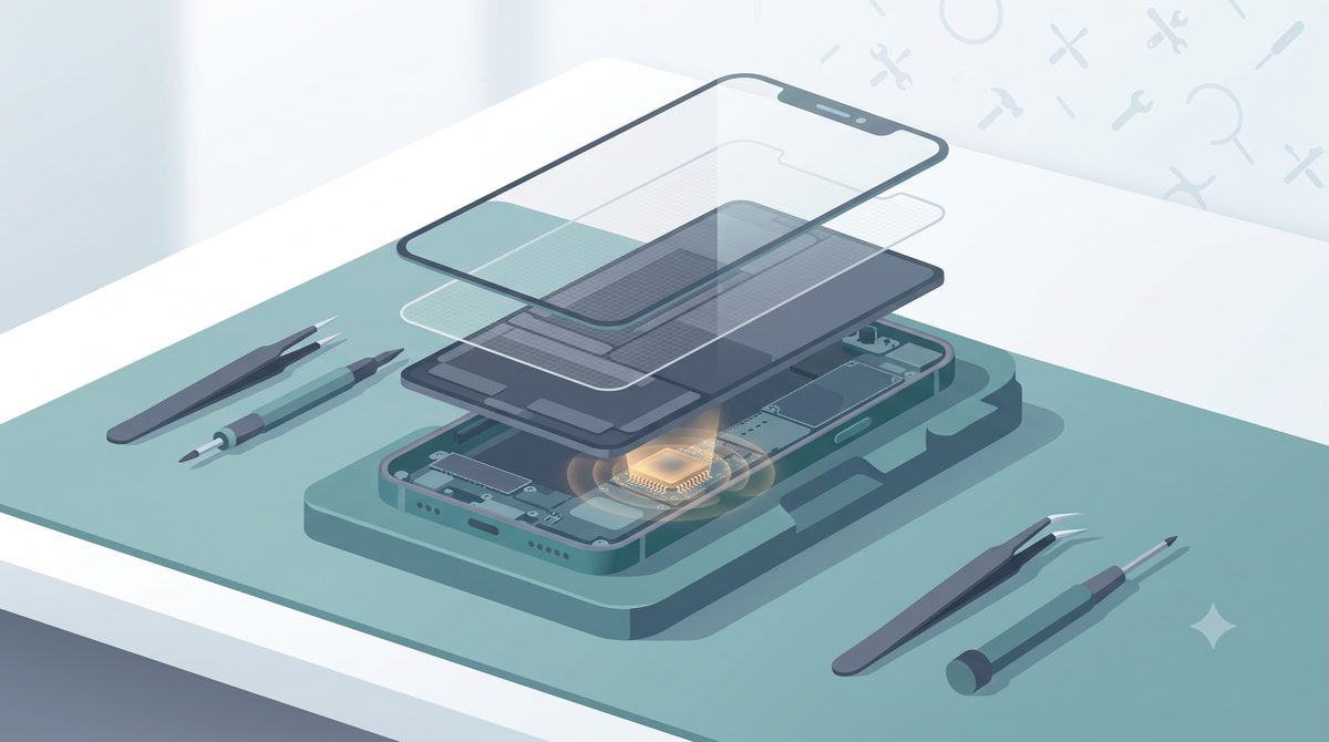 Illustration highlighting a smartphone's touch digitiser layer and touch controller chip
