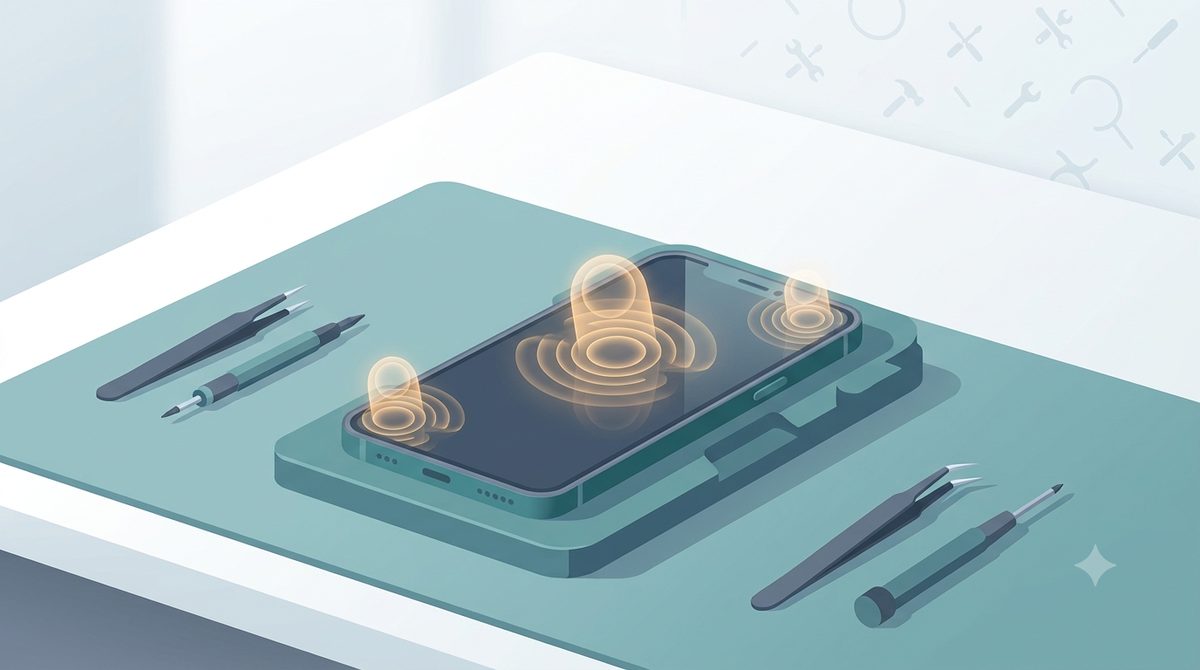 Illustration of a smartphone with ghost-touch ripples appearing on an unresponsive screen