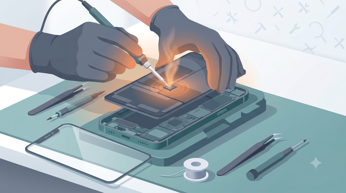 Illustration of a smartphone touch-screen repair on a workbench