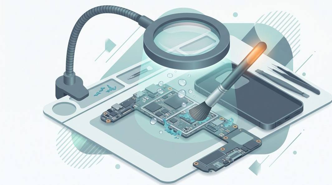 Illustration of a smartphone logic board being cleaned of corrosion on a repair bench