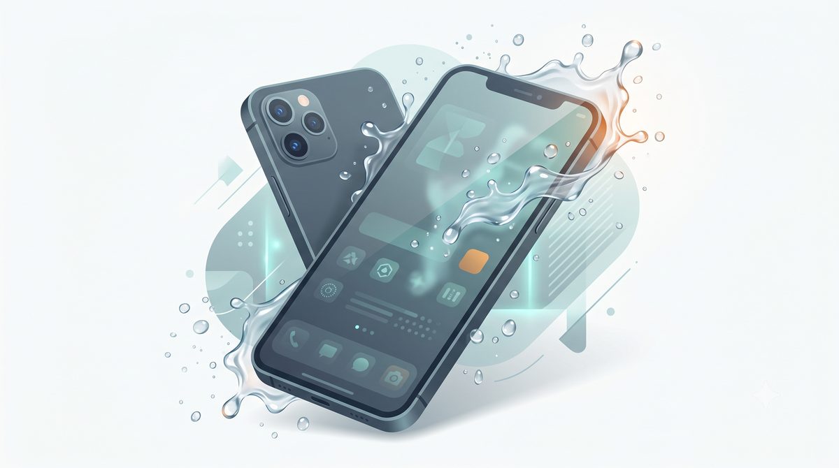 Illustration of a smartphone in a splash of water droplets