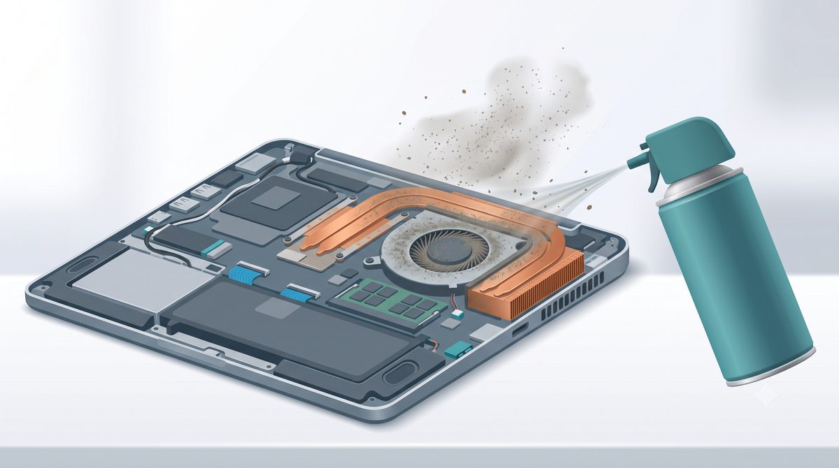 Illustration of cleaning dust from a laptop's fan and heatsink