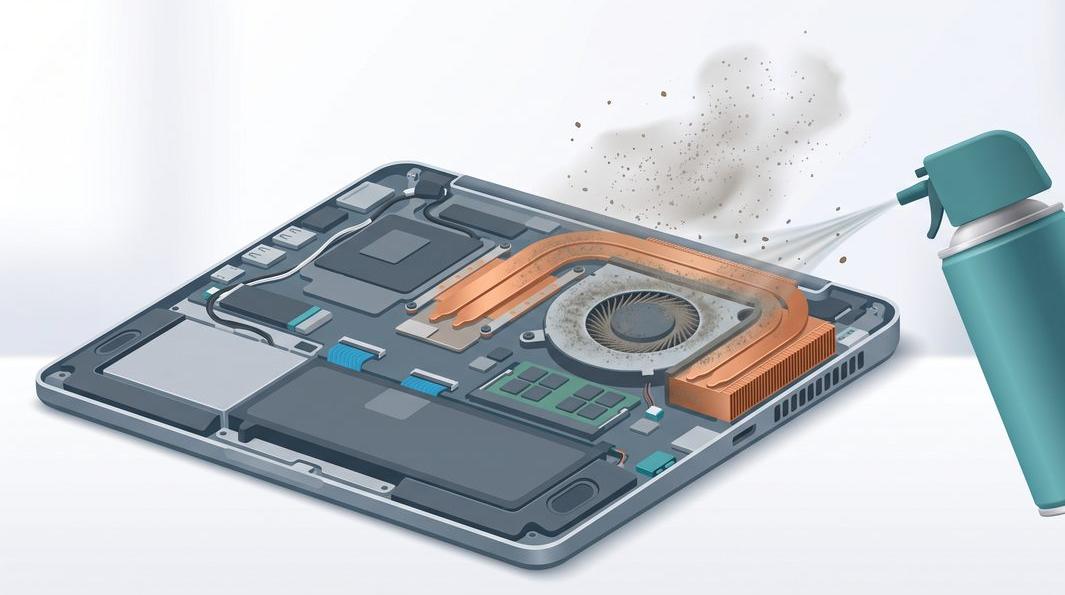 Illustration of cleaning dust from a laptop's fan and heatsink