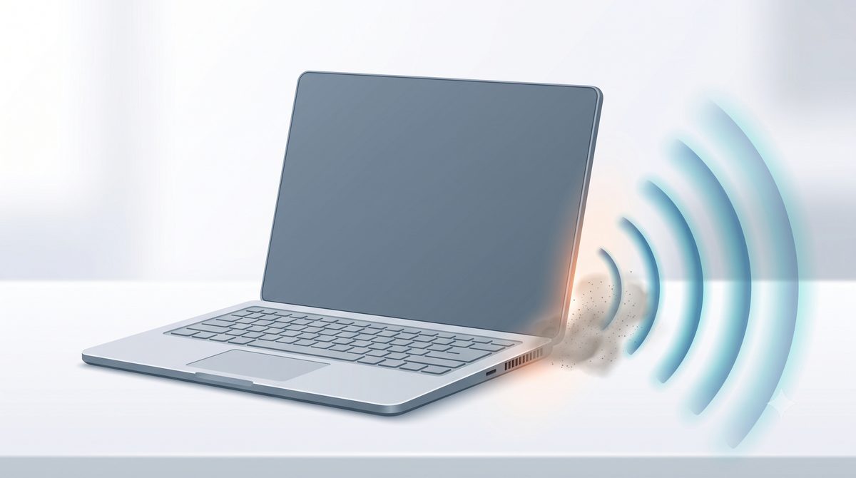 Illustration of a laptop with a loud, dusty cooling fan
