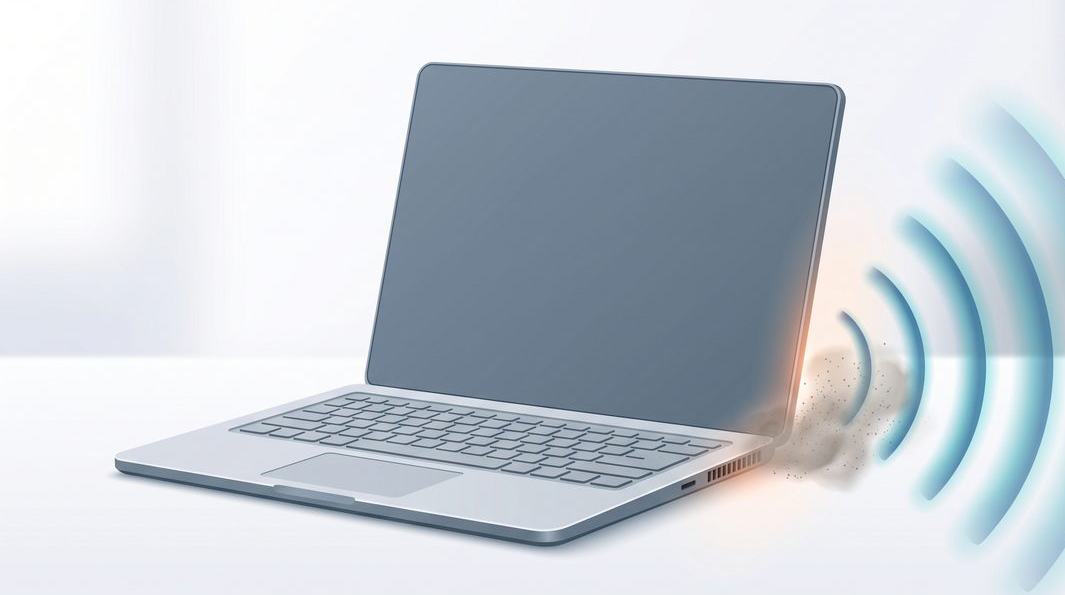 Illustration of a laptop with a loud, dusty cooling fan