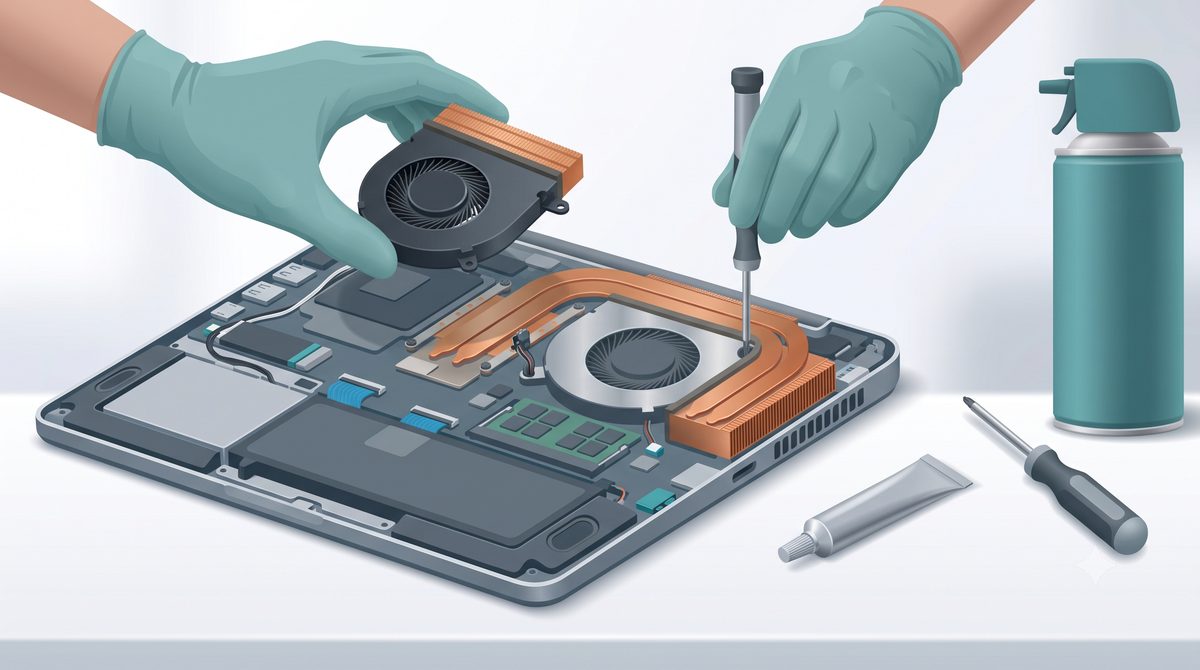 Illustration of a laptop cooling fan being replaced on a repair bench
