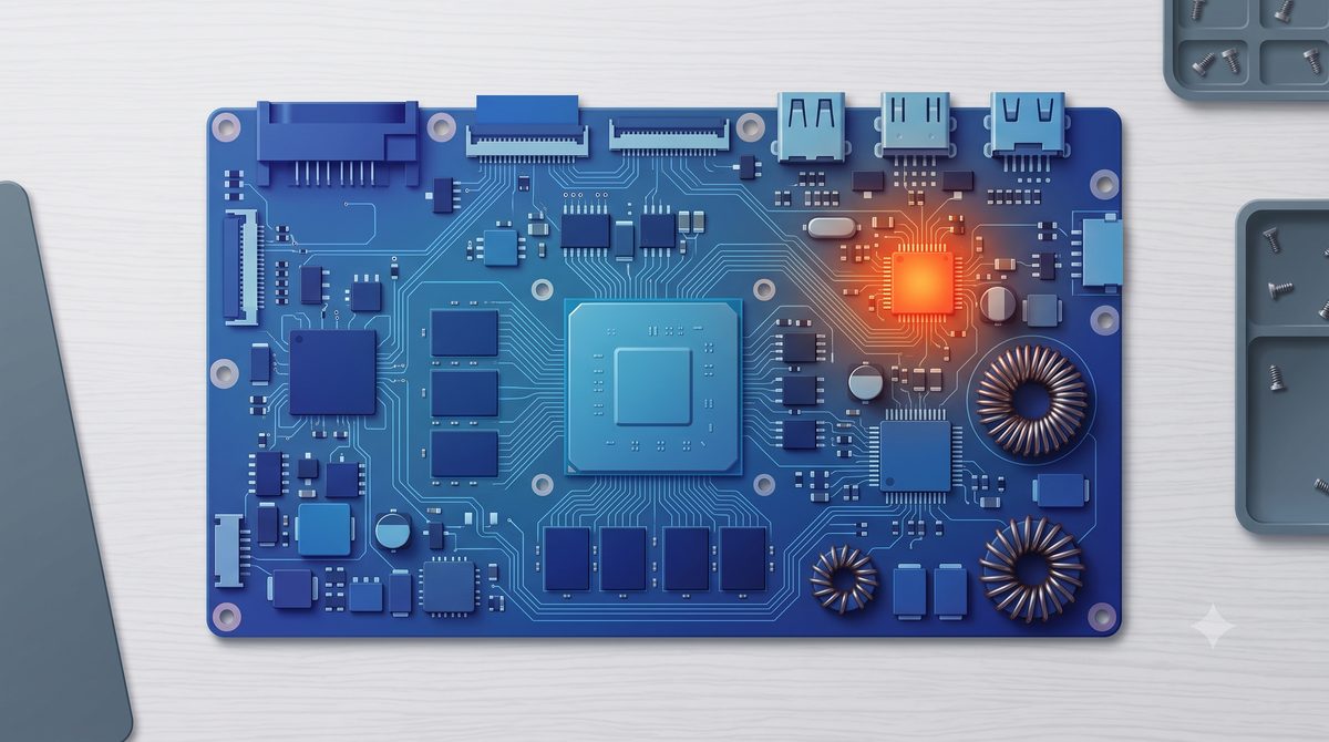 Illustration of locating a faulty component on a laptop motherboard with a thermal camera