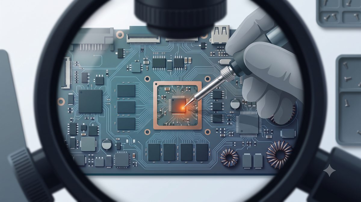 Illustration of microsoldering a component on a laptop motherboard