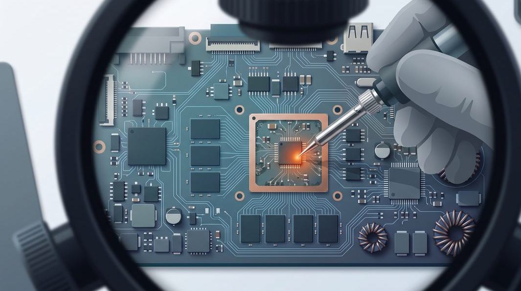Illustration of microsoldering a component on a laptop motherboard