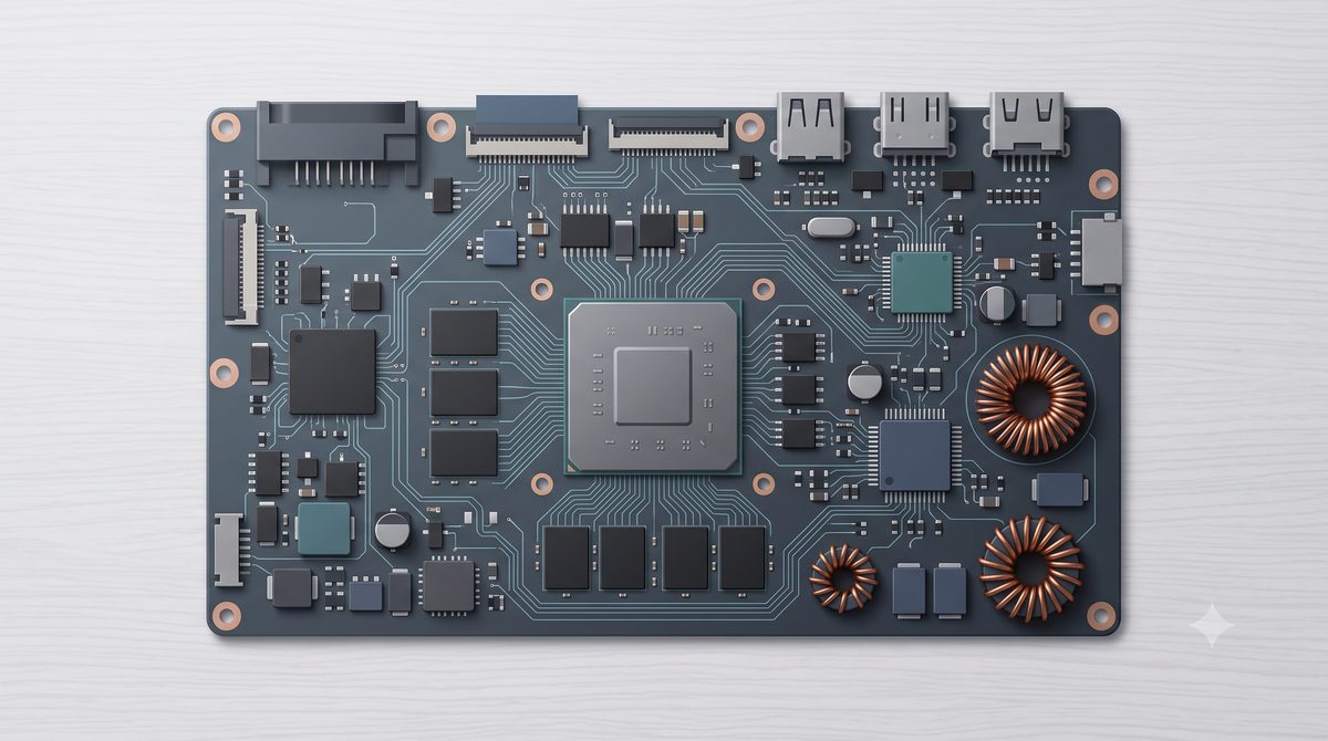 Illustration of a laptop motherboard with its chips and connectors