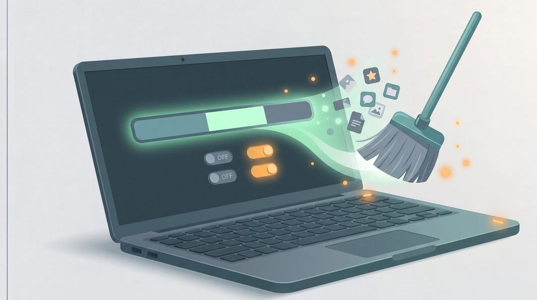 Illustration of upgrading a laptop from a hard drive to an SSD on a bench