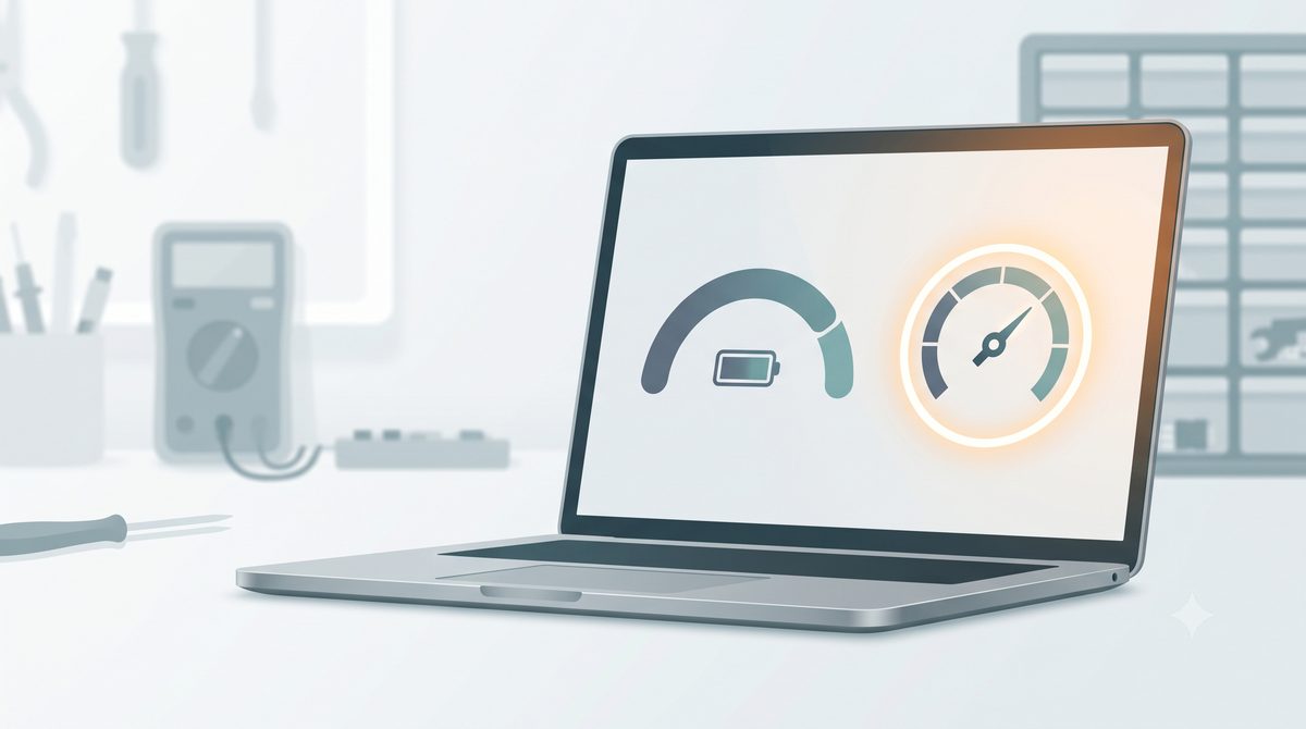 Illustration of a laptop battery health and cycle-count gauge