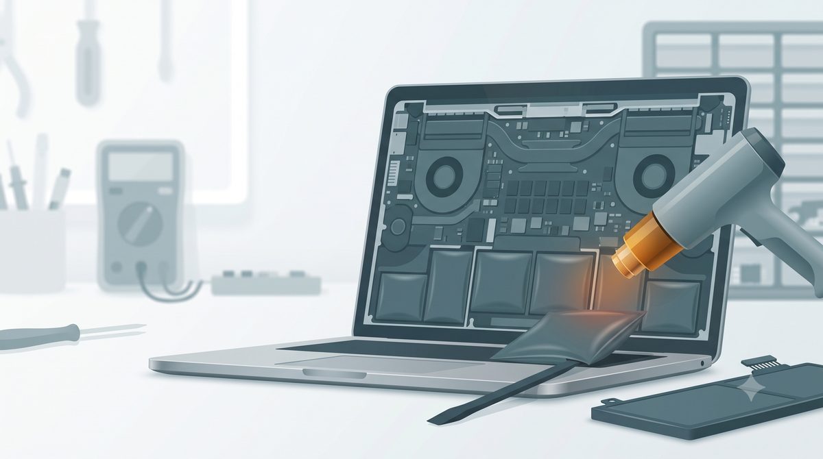 Illustration of a laptop's adhered battery being replaced on a bench